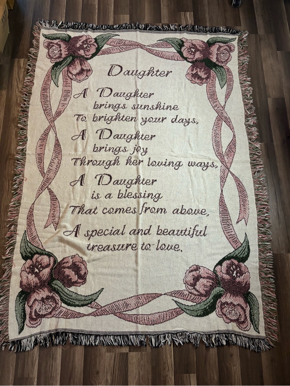 Daughter poem woven throw blanket with floral border and ribbon design
